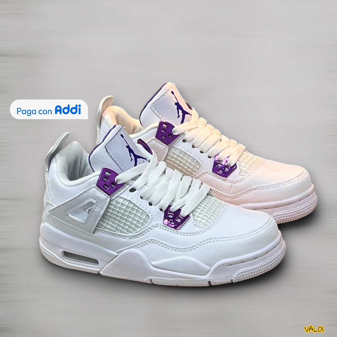 Jordan Retro 4 calzado urbano hombre blanco con morado