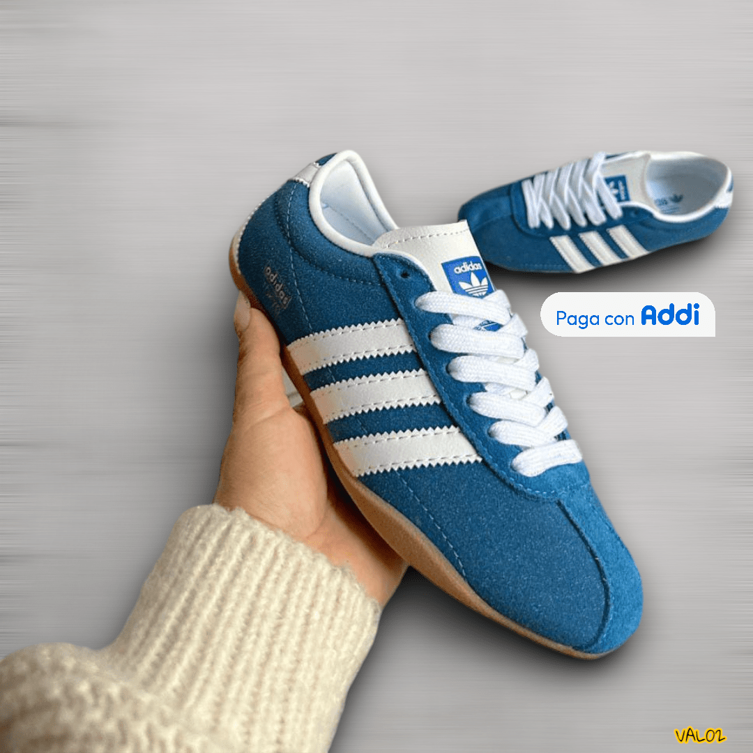 Tenis Adidas Tokyo azul blanco diseño deportivo vintage