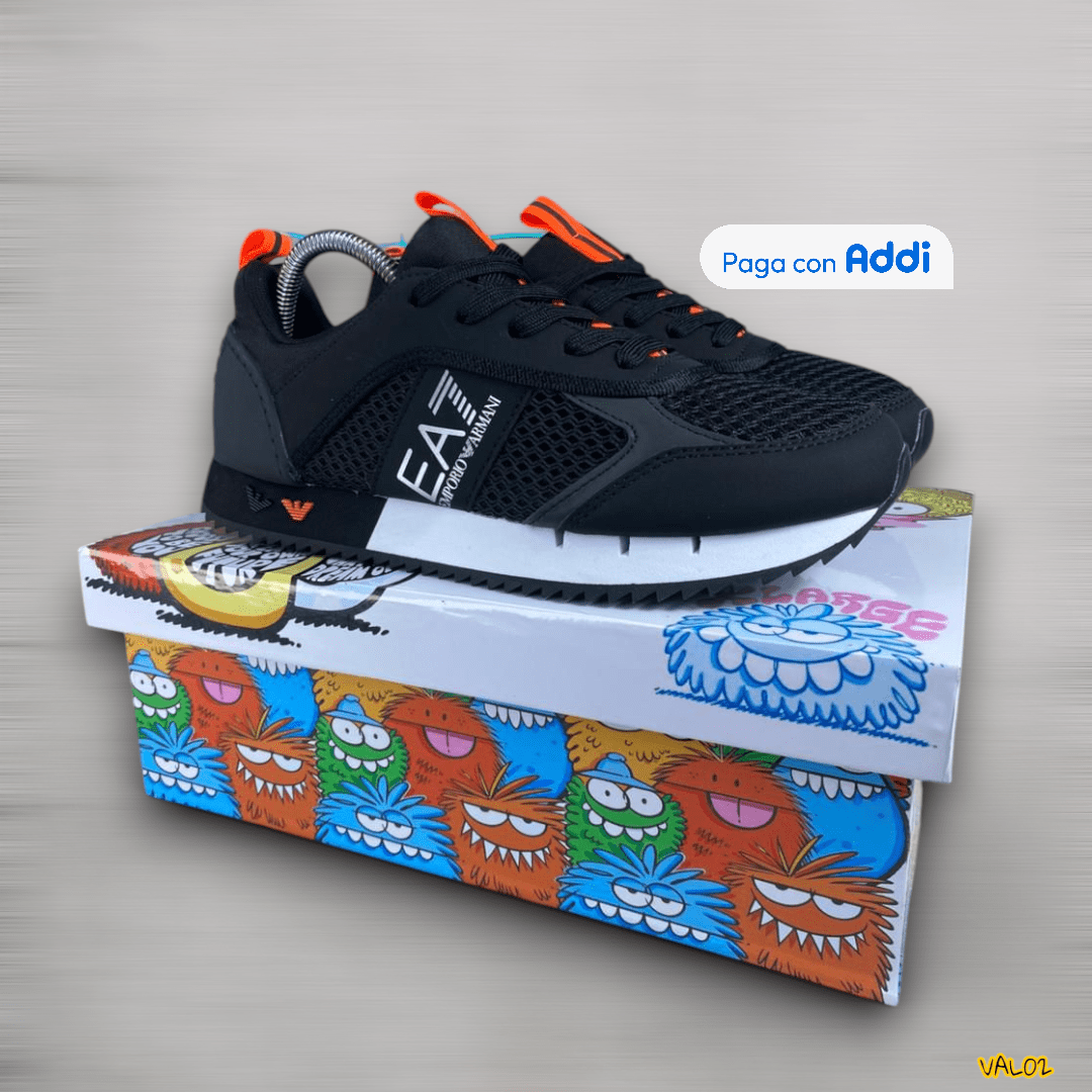 Tenis Emporio Armani negro naranja estilo urbano elegante