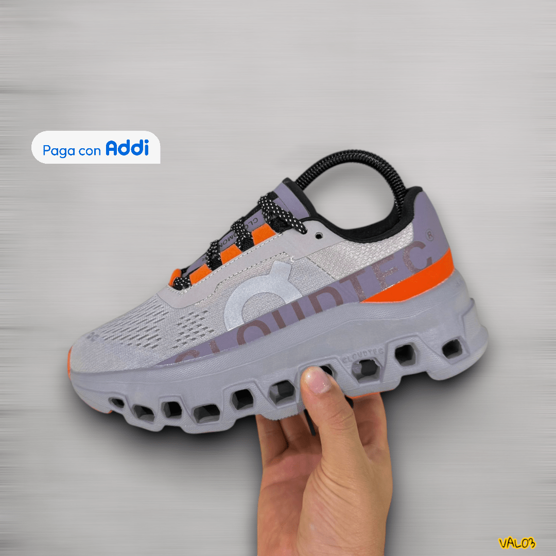 Tenis On Cloud gris naranja morado running lifestyle urbano amortiguación CloudTec diseño minimalista calidad 1.1