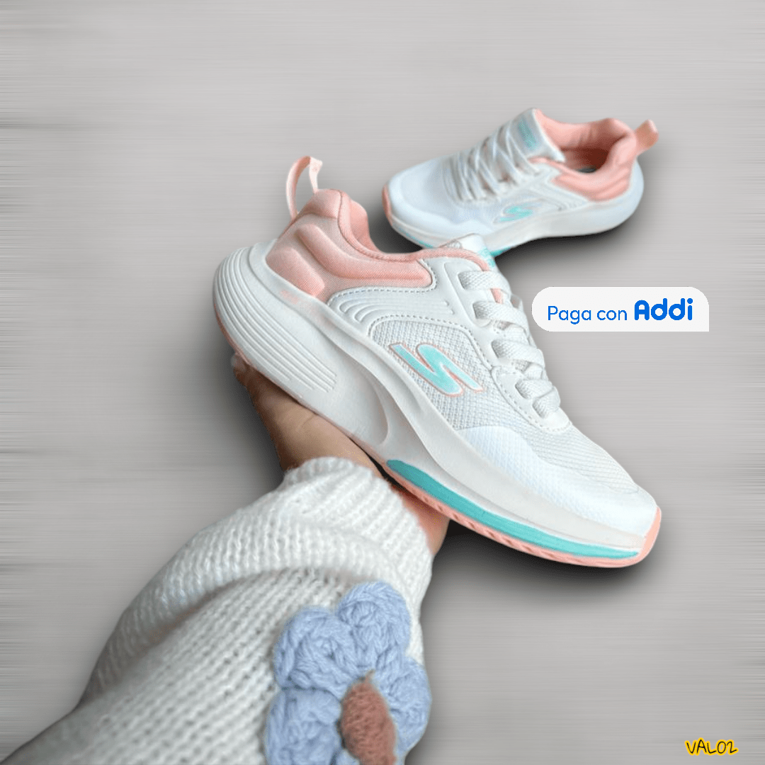 Tenis Skechers Max Cushion azul rosa combinación moderna