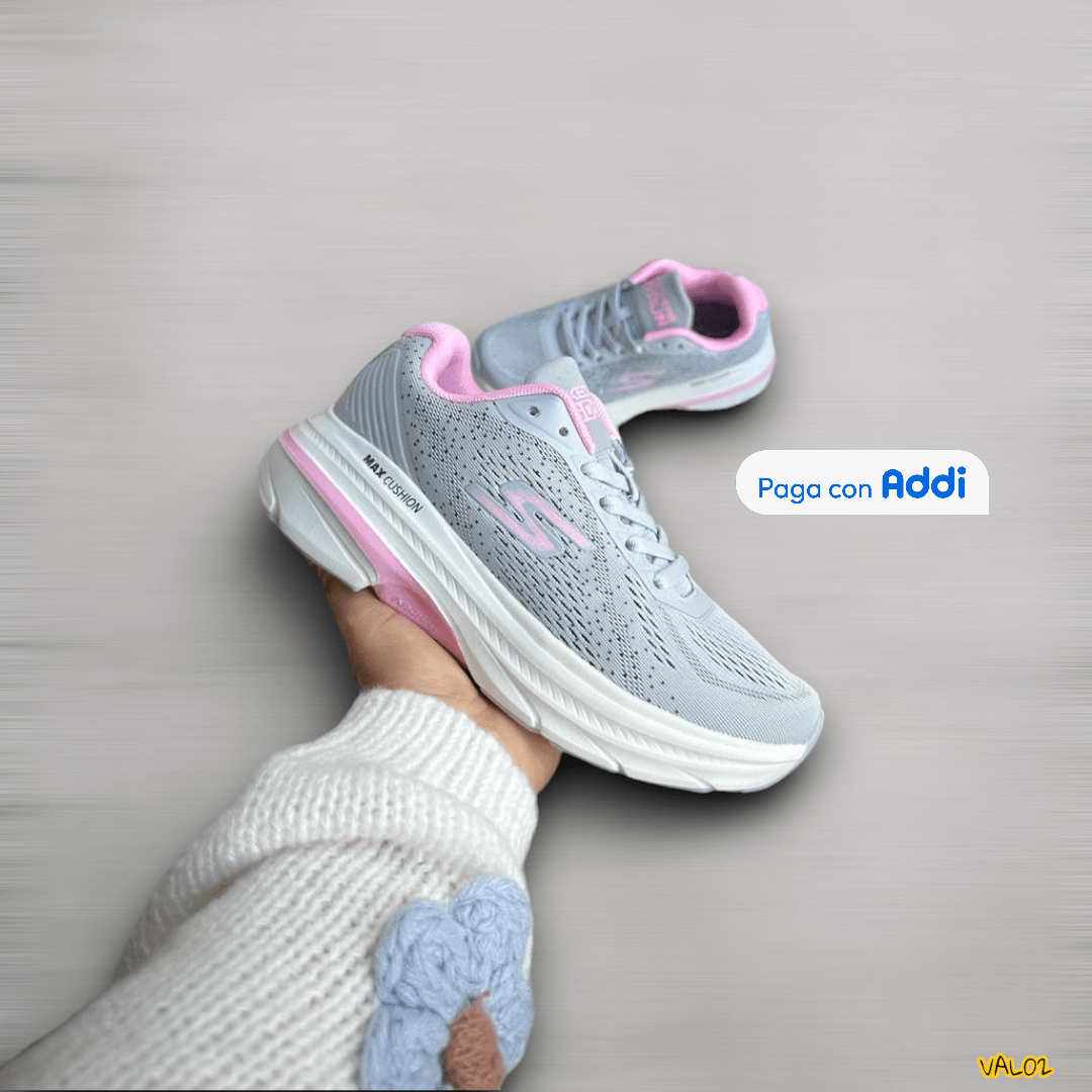 Tenis Skechers Max Cushion gris rosa diseño cómodo femenino