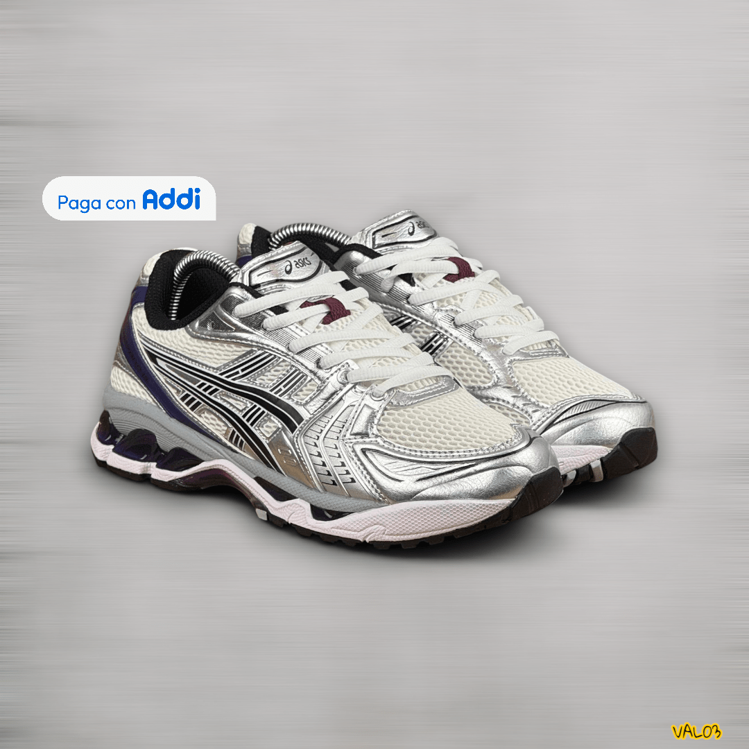 Tenis Asics Kayano plateado blanco negro diseño running urbano amortiguación ligera calidad 1.1