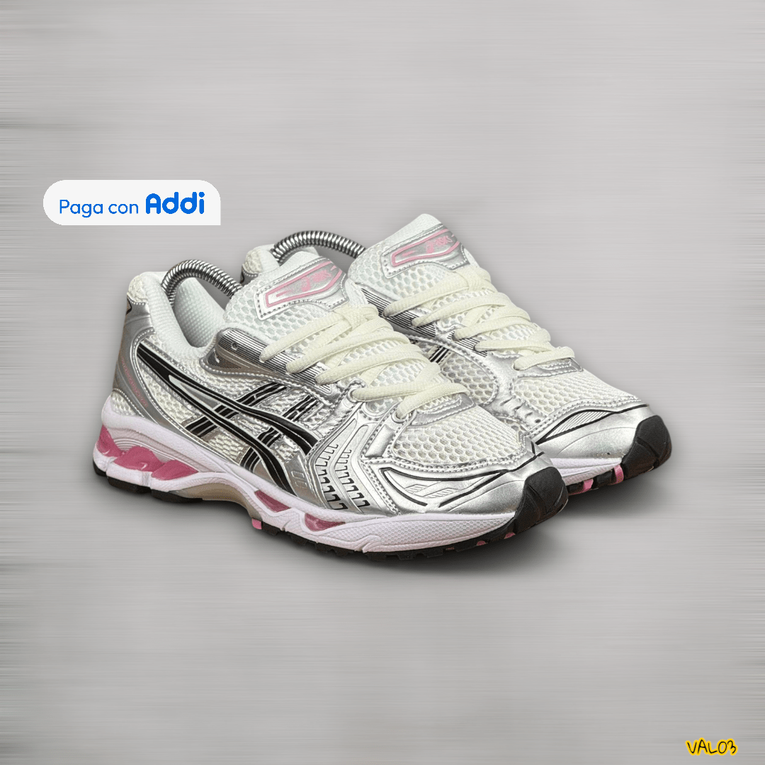 Tenis Asics Kayano plateado blanco negro rosado estilo deportivo urbano suela cómoda calidad 1.1