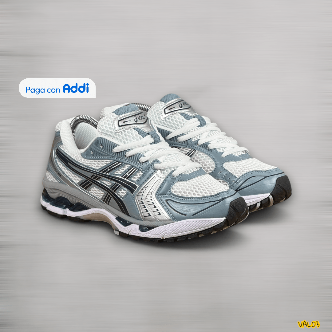 Tenis Asics Kayano plateado negro azul estilo running urbano amortiguación cómoda calidad 1.1