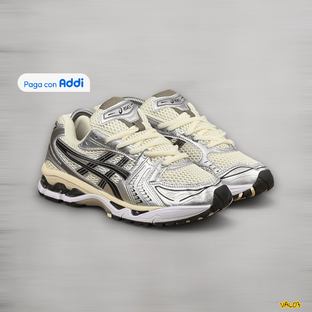 Tenis Asics Kayano plateado negro beige diseño deportivo urbano suela cómoda calidad 1.1