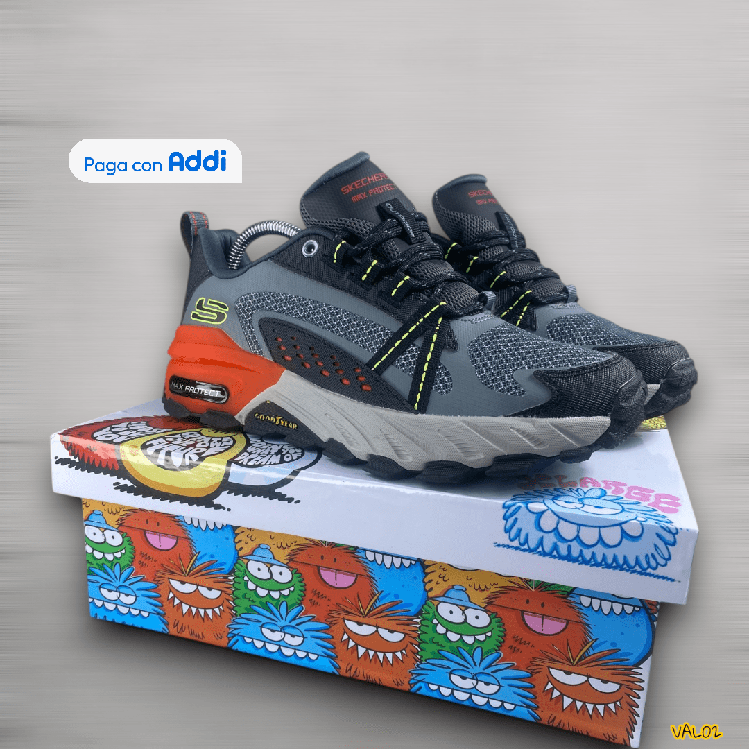 Tenis Skechers azul gris naranja estilo deportivo dinámico