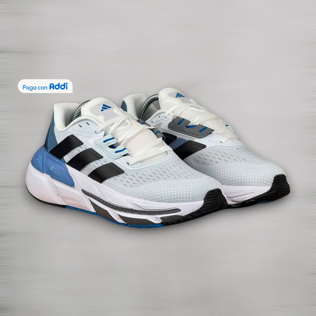 Tenis Adidas Adistar blanco negro gris verde para running con diseño deportivo y amortiguación premium