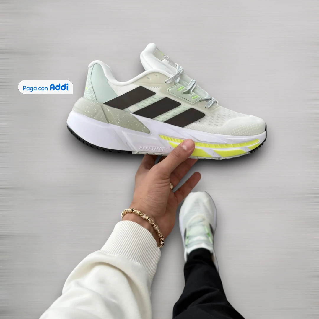 Tenis Adidas Adistar unisex blanco gris negro verde para carreras y caminatas, con pisada acolchada, soporte y ligereza