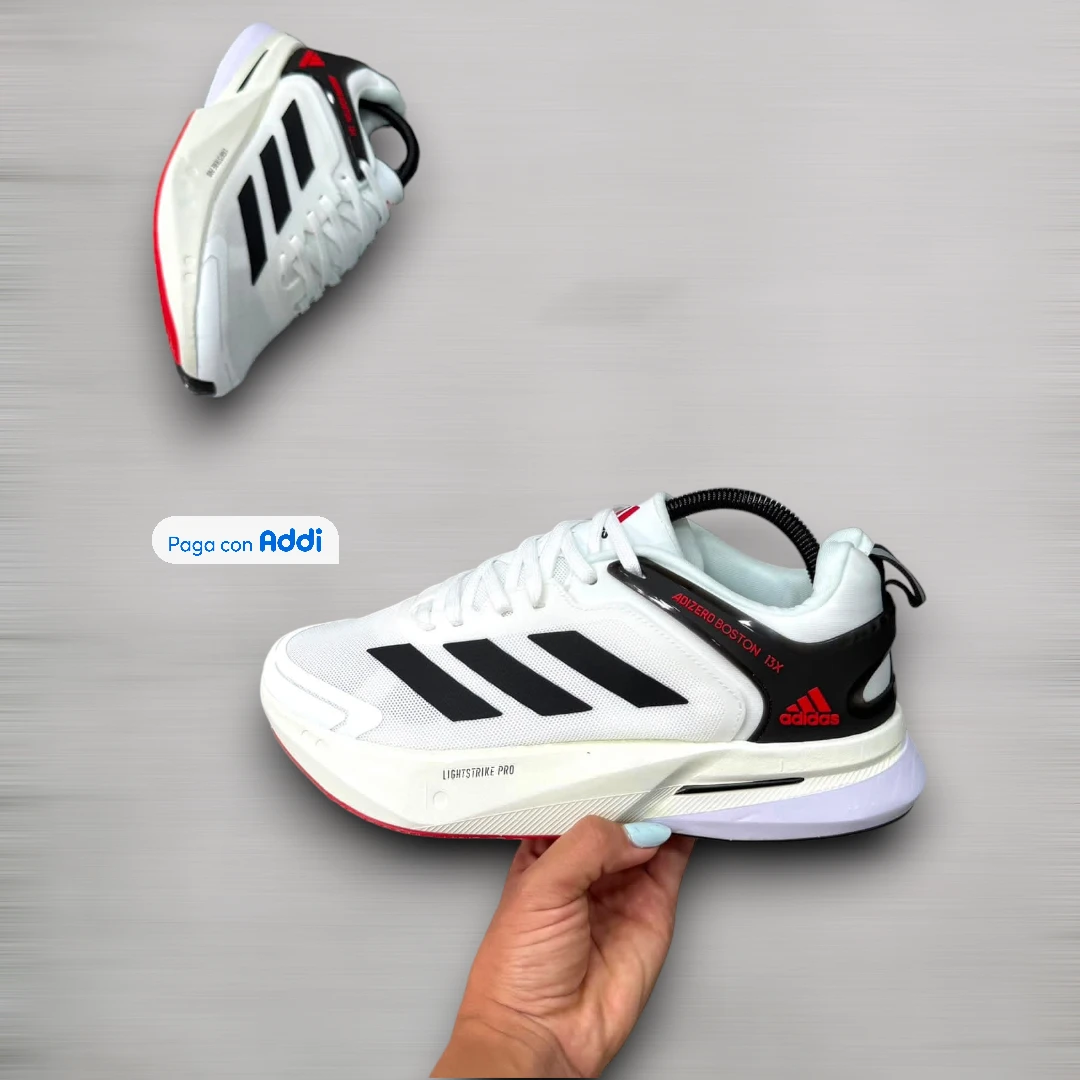 Tenis Adidas Adizero Boston 13 hombre estilo running blanco negro para correr con amortiguación y alto rendimiento