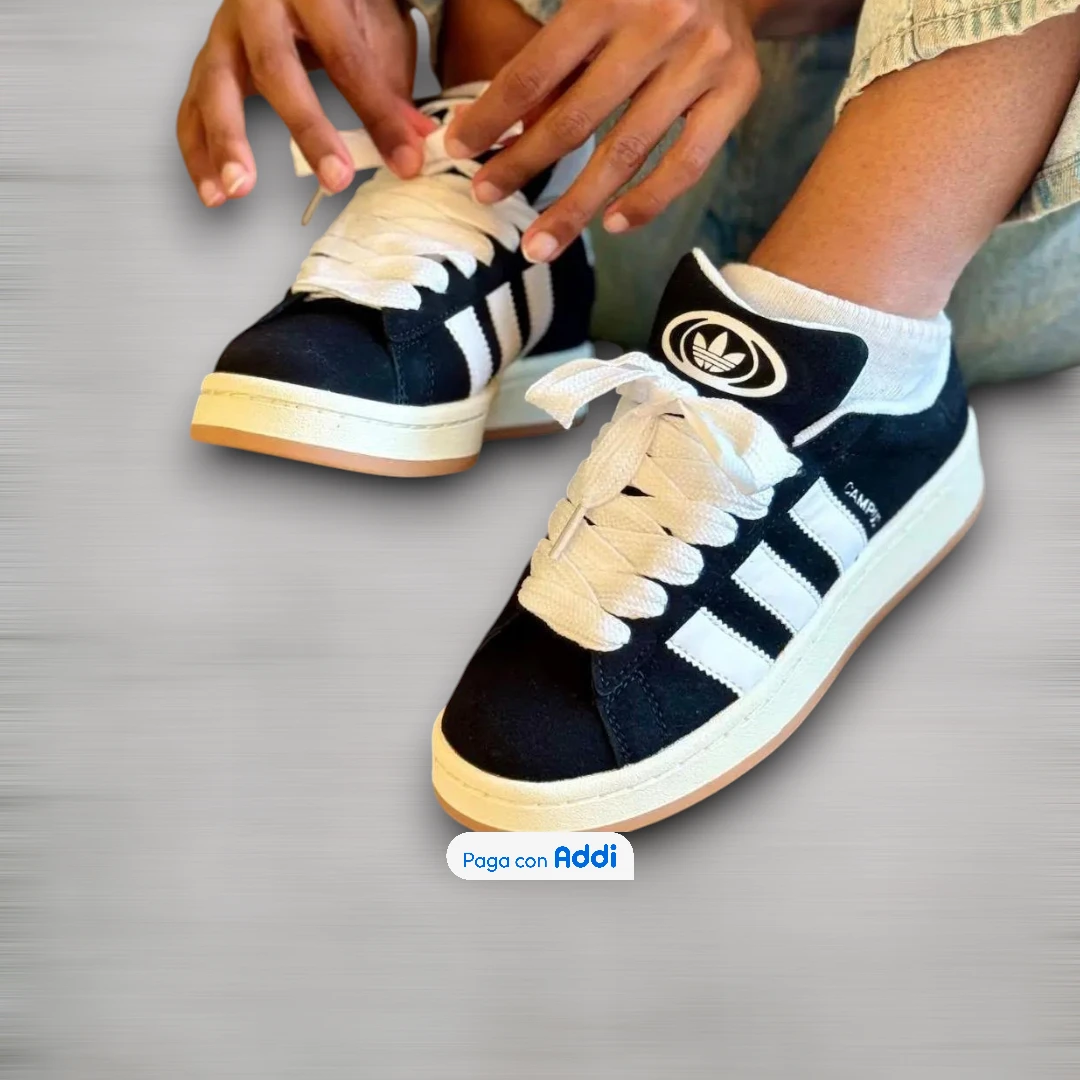 Tenis Adidas Campus negro blanco amarillo estilo urbano casual con diseño retro y comodidad diaria