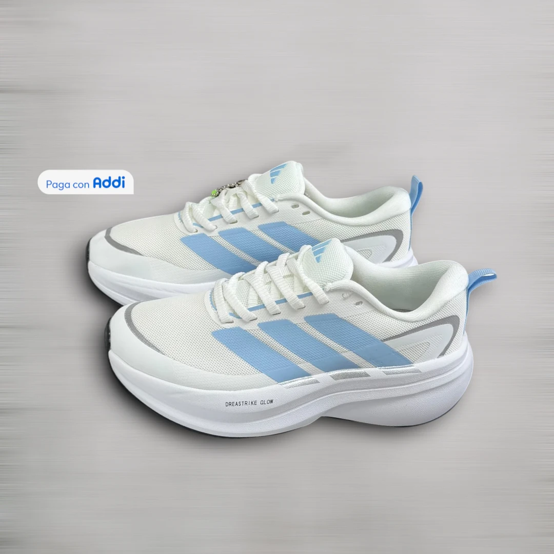 Tenis Adidas Glow mujer blanco azul de inspiración atlética femenina, ideales para uso diario con soporte y comodidad