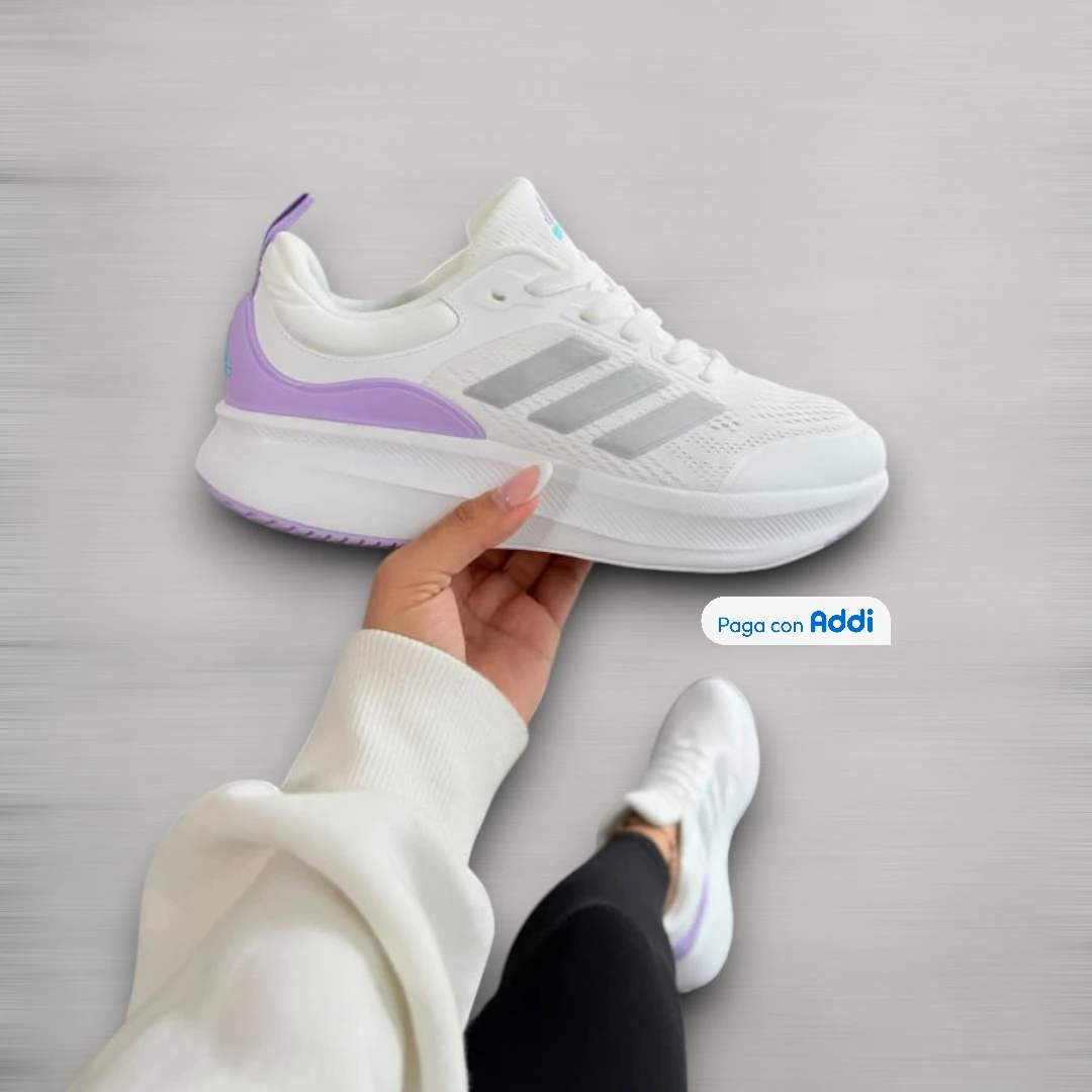 Tenis Adidas Response Super mujer blanco morado estilo running para correr y caminar con amortiguación y comodidad