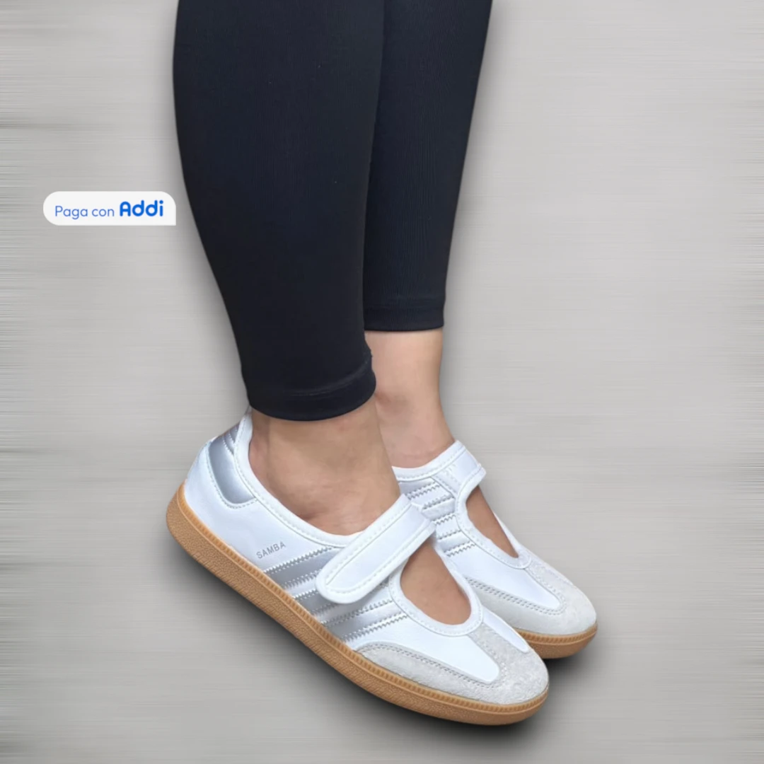 Tenis Adidas Samba Jane mujer blanco plateado estilo lifestyle elegante para caminar, con acabado moderno y soporte cómodo