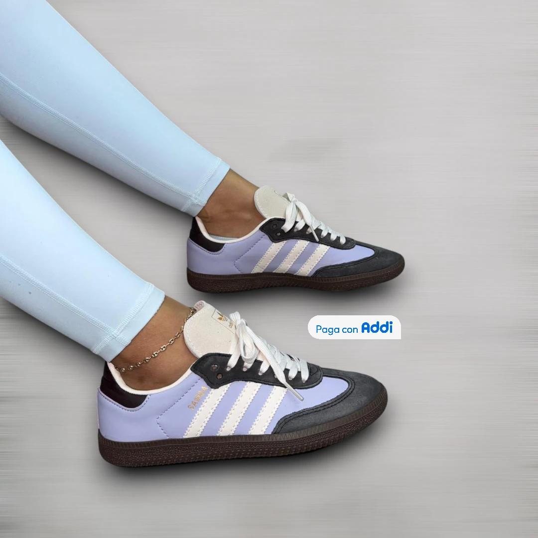 Tenis Adidas Samba mujer morado negro blanco estilo casual con diseño moderno y confort diario