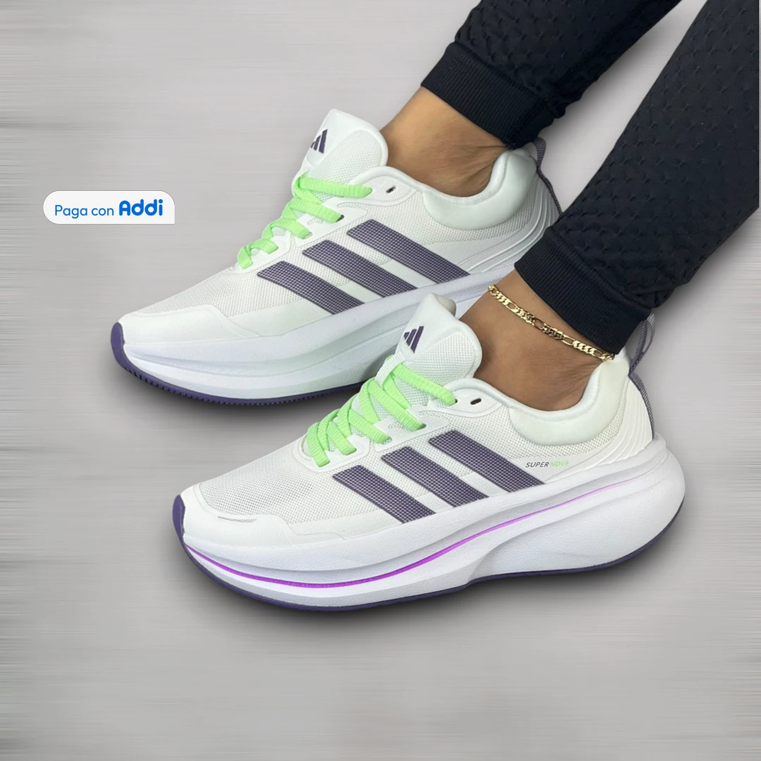 Tenis Adidas Supernova mujer blanco verde para correr y entrenar, con estructura ligera, estabilidad y confort deportivo