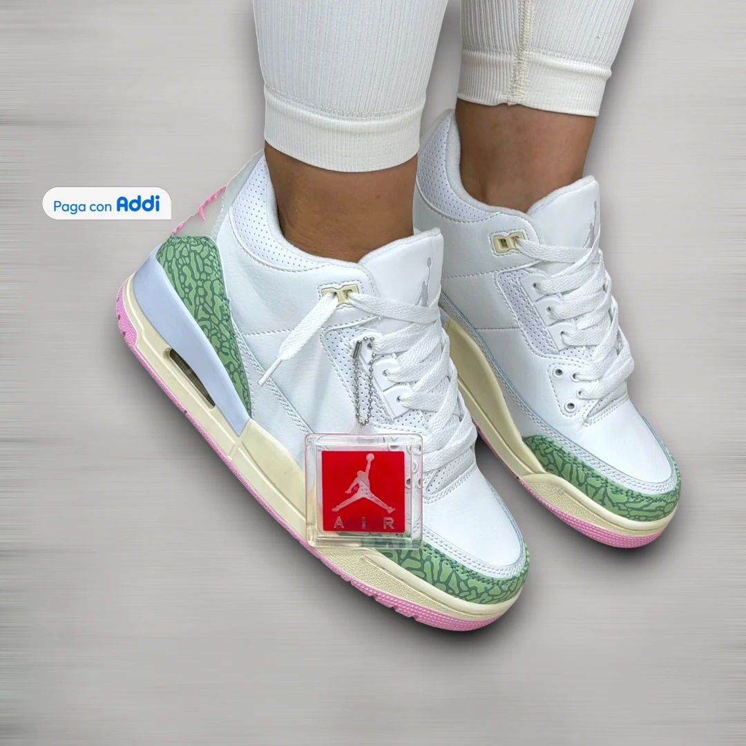 Tenis Jordan Retro 3 mujer blanco verde rosa con estética deportiva femenina, diseño retro y comodidad para outfits urbanos