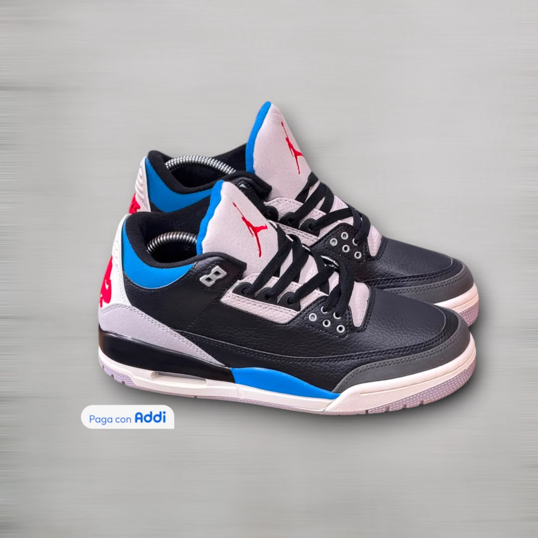 Tenis Jordan Retro 3 hombre negro azul rojo estilo streetwear para caminar con diseño icónico y comodidad premium