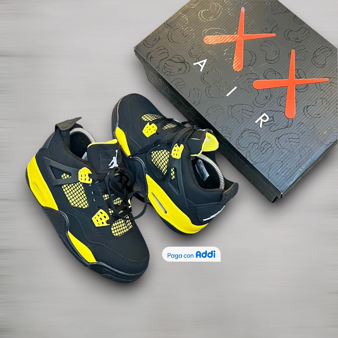 Jordan Retro 4 tenis negro amarillo estilo urbano calidad 1.1 alto impacto visual