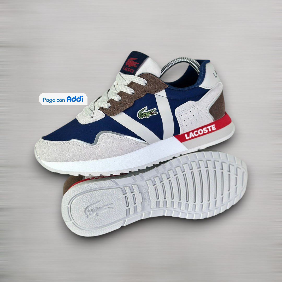 Tenis Lacoste L azul gris rojo para uso diario con estilo deportivo urbano y suela cómoda