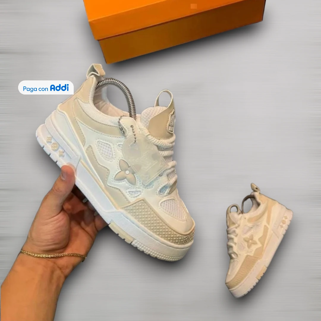 Tenis Louis Vuitton blanco beige estilo urbano de lujo con comodidad premium y diseño sofisticado