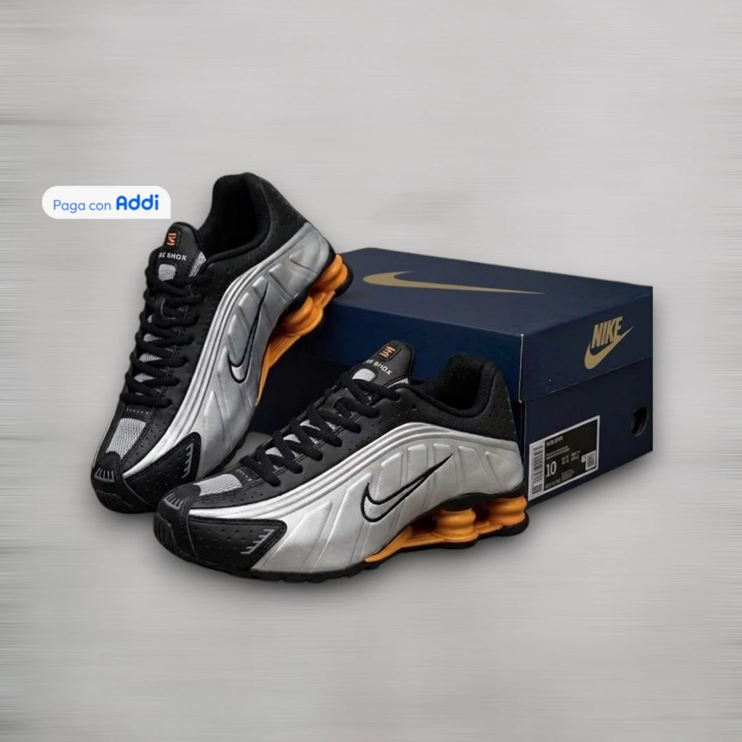 Tenis Nike Shox R4 hombre plateado negro naranja estilo deportivo para caminar con amortiguación y confort