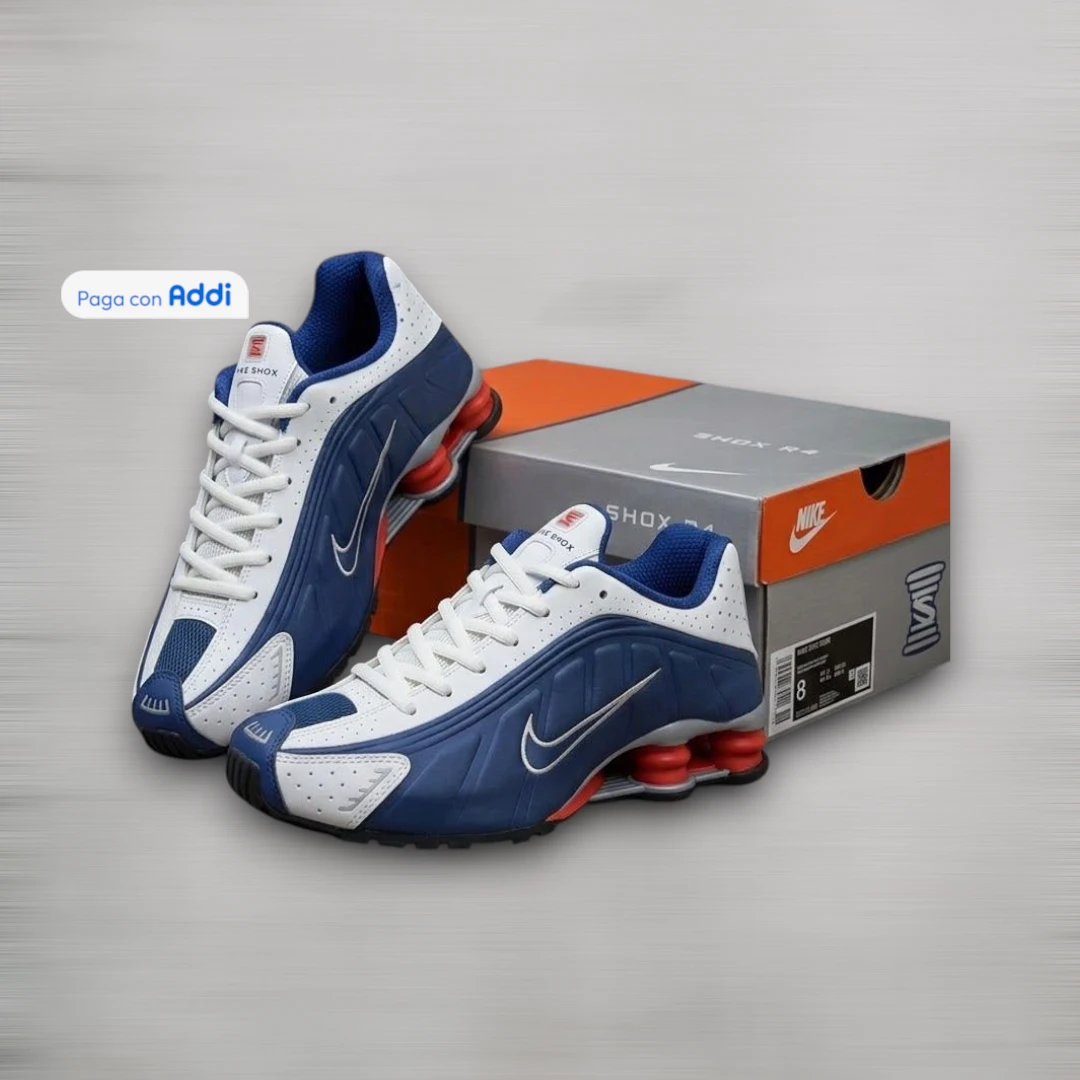 Tenis Nike Shox R4 hombre azul blanco plateado estilo casual deportivo para caminar con amortiguación y comodidad