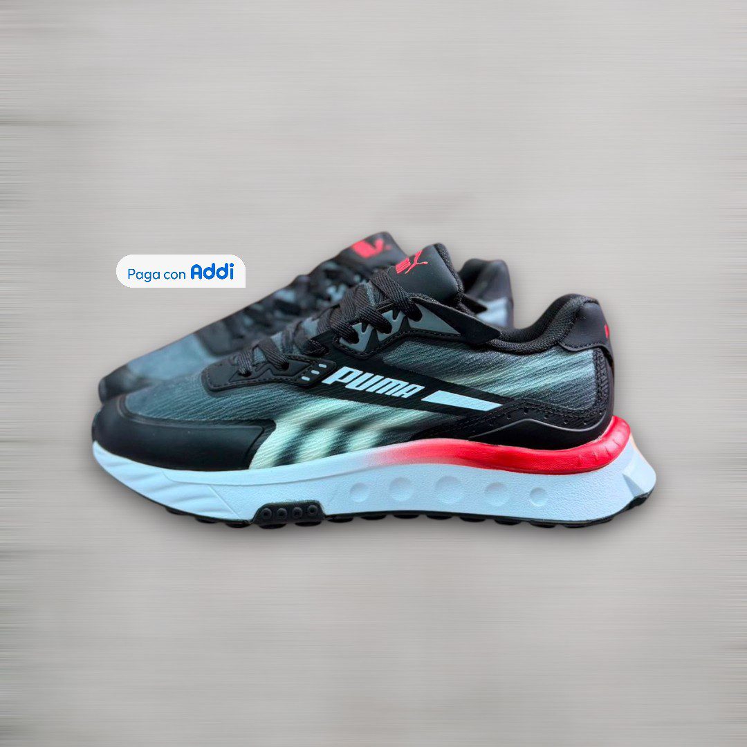 Tenis Puma Rider gris blanco rojo estilo running para caminar con amortiguación ligera y diseño deportivo retro**