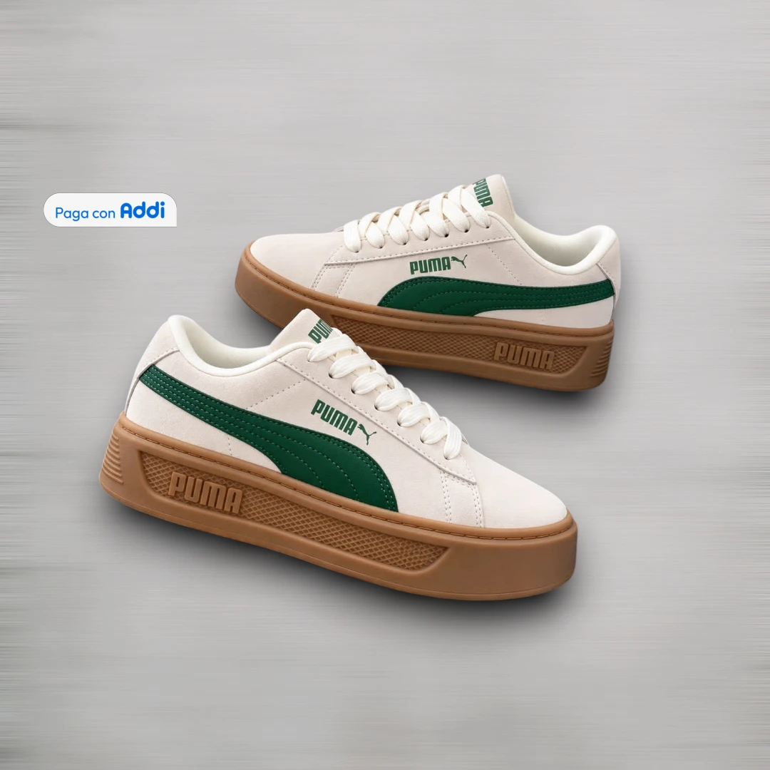 Tenis Puma Smash mujer beige verde para outfits casuales, con estilo urbano minimalista, ajuste confortable y diseño moderno