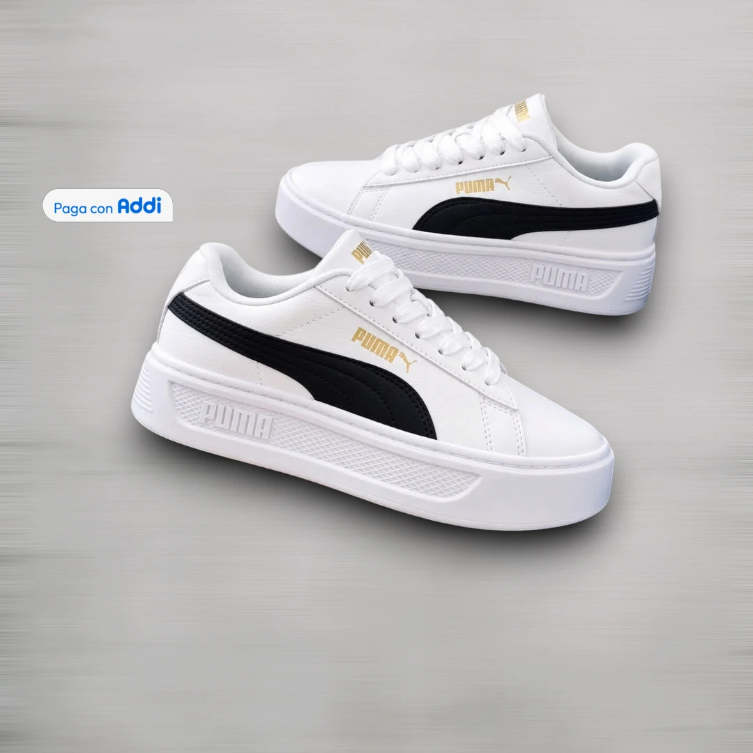 Tenis Puma Smash mujer blanco negro estilo casual clásico, ideales para caminar con diseño versátil, suela resistente y comodidad