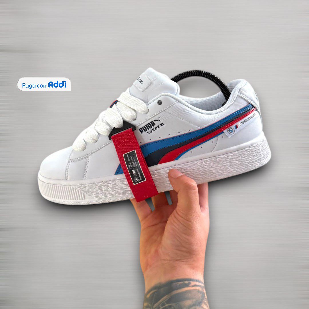 Tenis Puma XL BMW blanco azul rojo estilo racing urbano para hombre con comodidad diaria, diseño deportivo y amortiguación ligera