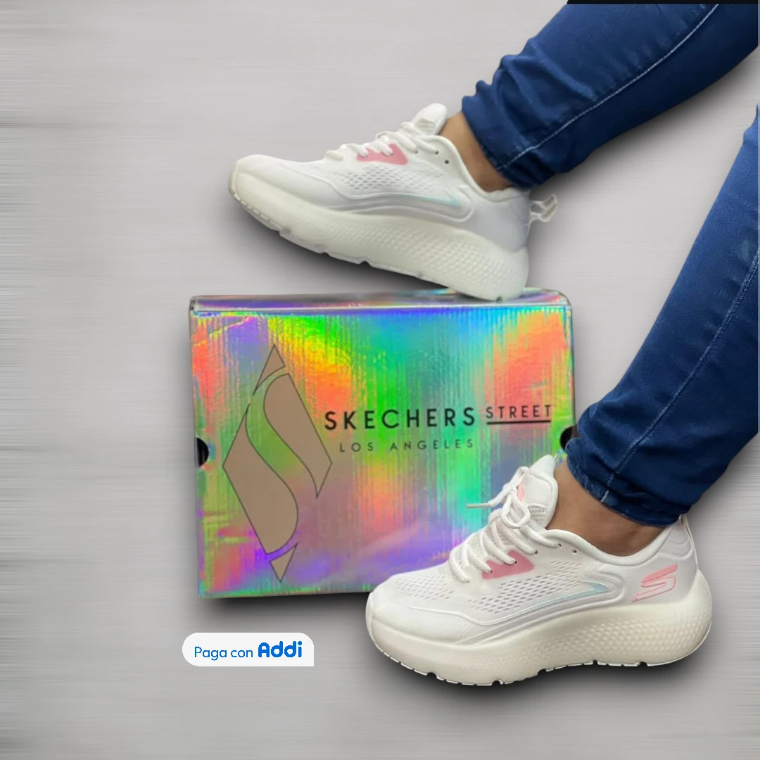 Tenis Skechers blanco rosado para caminar con máxima comodidad, diseño casual y amortiguación ligera