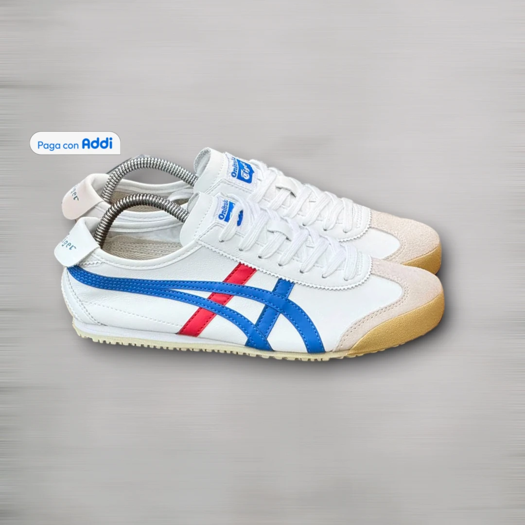 Tenis Tiger Onitsuka hombre blanco azul rojo de inspiración vintage, con diseño deportivo clásico y comodidad urbana