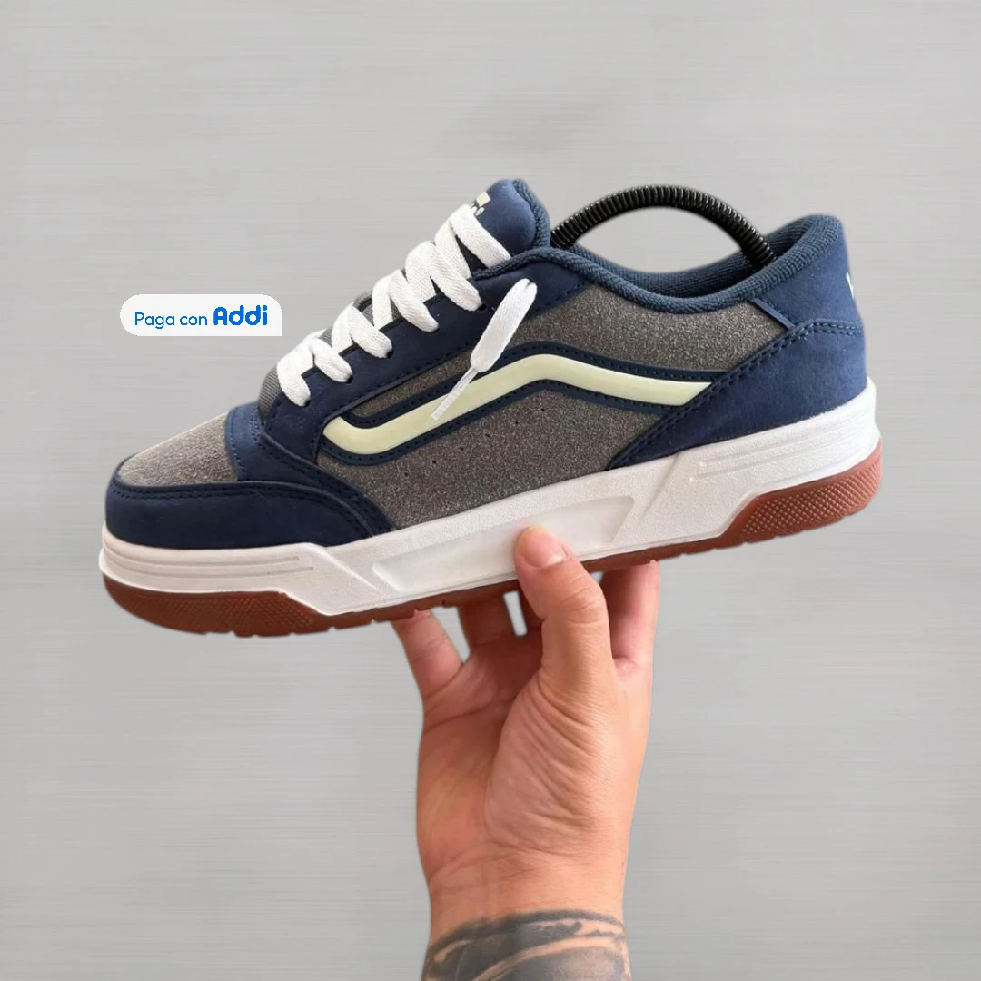 Vans hombre azul lona reforzada suela goma clásico skate tenis urbanos acabados premium